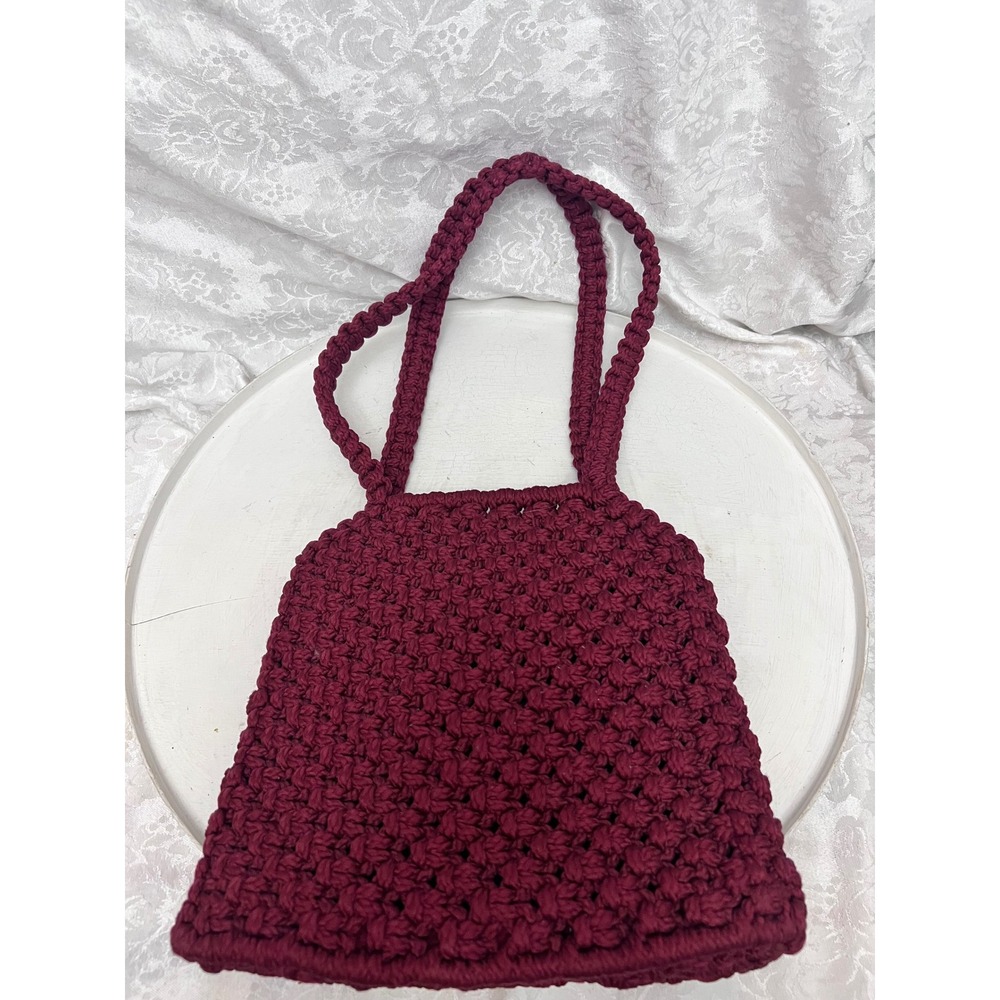Handmade Burgundy Macrame Tote Bag Boho Lined Shoulder Bag with Pockets Wine